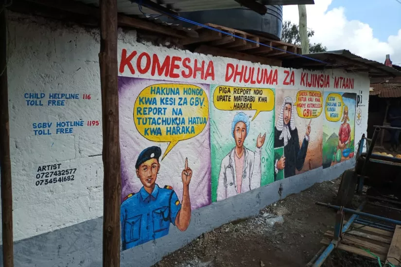 Wandbilder zum Thema sexuelle und geschlechtsspezifische Gewalt